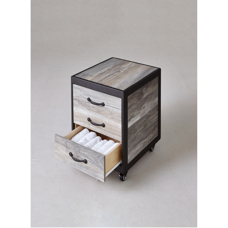 Belava Elora Pedicure Supply Cart With 3 Drawers Open Drawer With Towels Display Modern Rustic Wood Design With Black Borders