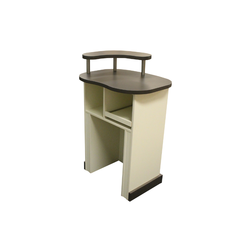 Custom Craftworks Kiosk Salon Desk 30" Interior Backside View With Shelving and Storage in Beige Creme Color