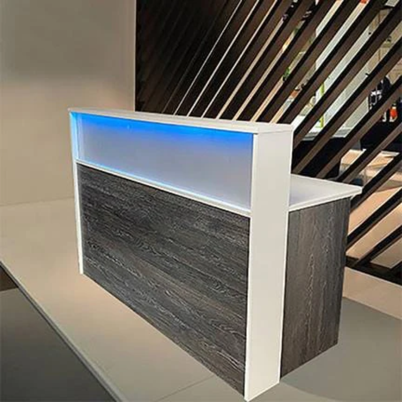 Reception Counter Solutions Frosted Malibu Reception Desk With Led Lights Front View Display in Scorched Oak Rustic Color 5 Feet Wide