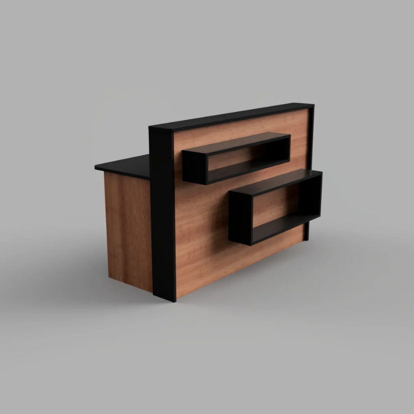 Reception Counter Solutions Madison Reception Desk with Rectangle Shelves Front View in Black and Cherry Geometric Modern Style 4ft 5ft 6ft or 7ft Wide