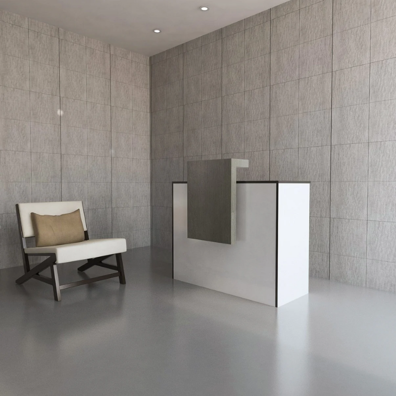 Reception Counter Solutions Rise Reception Counter In Grey, White, With Black Border Modern Style Display Front View 4 Feet Wide