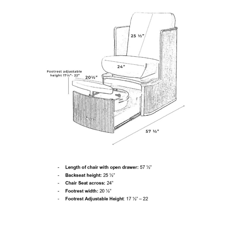 Belava Dorset Lounge Style Pedicure Chair With/Without Plumbing Opened Drawer Foot Rest Dimensions Measurements