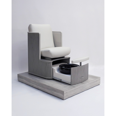 Belava Dorset Lounge Style Pedicure Chair With/Without Plumbing White and Light Gray Modern Style with Wood Finish Platform and Black Trio Foot Spa Tub