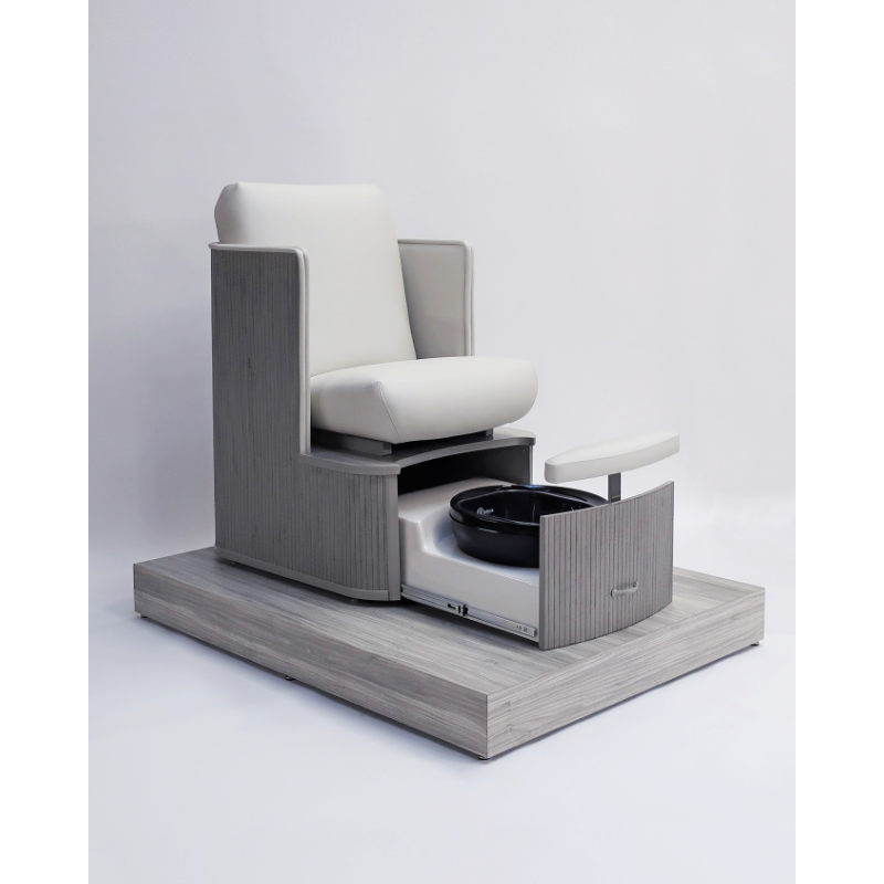 Belava Dorset Lounge Style Pedicure Chair With/Without Plumbing White and Light Gray Modern Style with Wood Finish Platform and Black Trio Foot Spa Tub