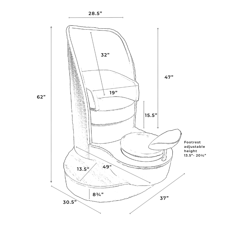 Belava Eclipse Pedicure Chair With/Without Plumbing Dimensions Diagram Specifications Sheet