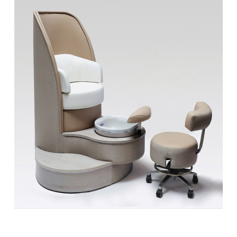 Belava Eclipse Pedicure Chair With/Without Plumbing in Beige Side View With Technician stool