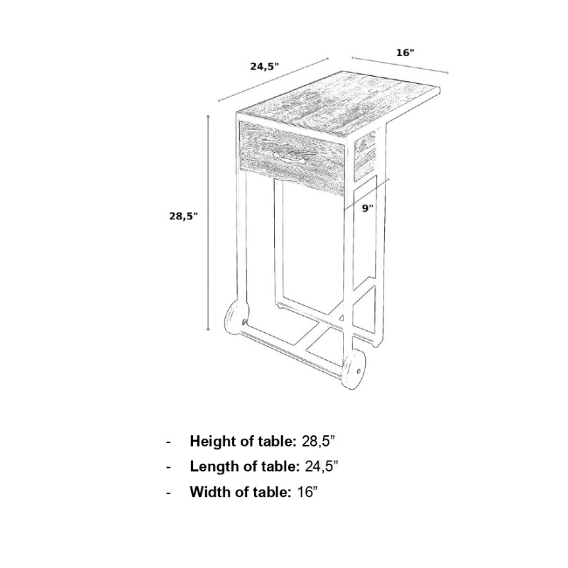 Belava Elora Manicure Dolly / Portable Manicure Table Dimension Diagram Measurements Specifications