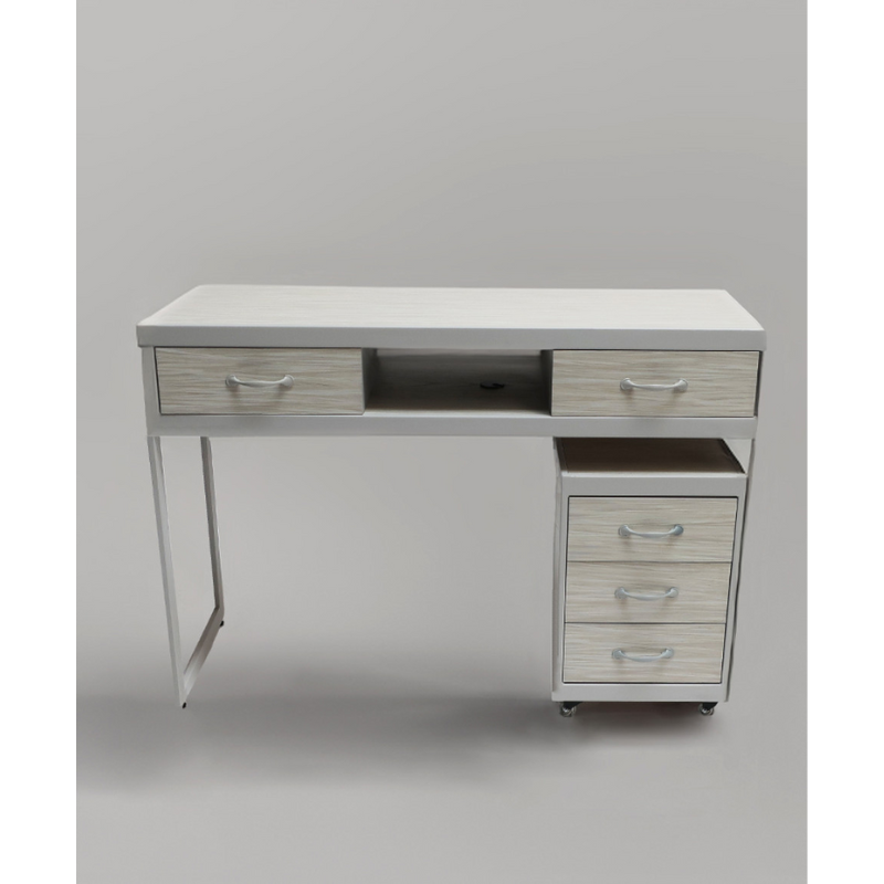 Belava Elora Manicure Table Front View Display Modern Creme Off White Wood Detail Table With Multiple Drawers For Storage