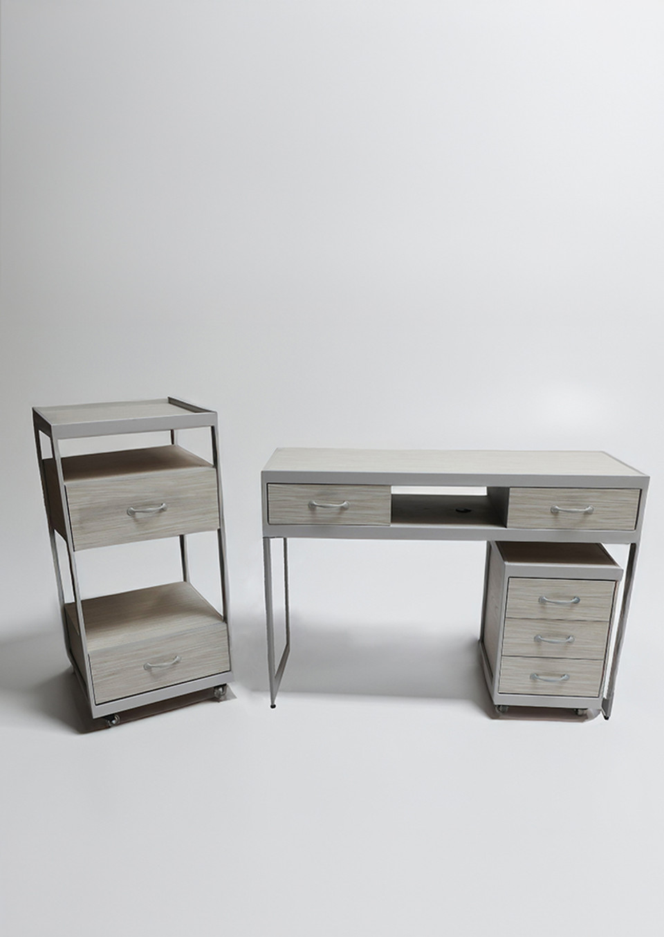 Belava Elora Manicure Table Front View Display Modern Creme Off White Wood Detail Table With Multiple Drawers For Storage With Salon Cart