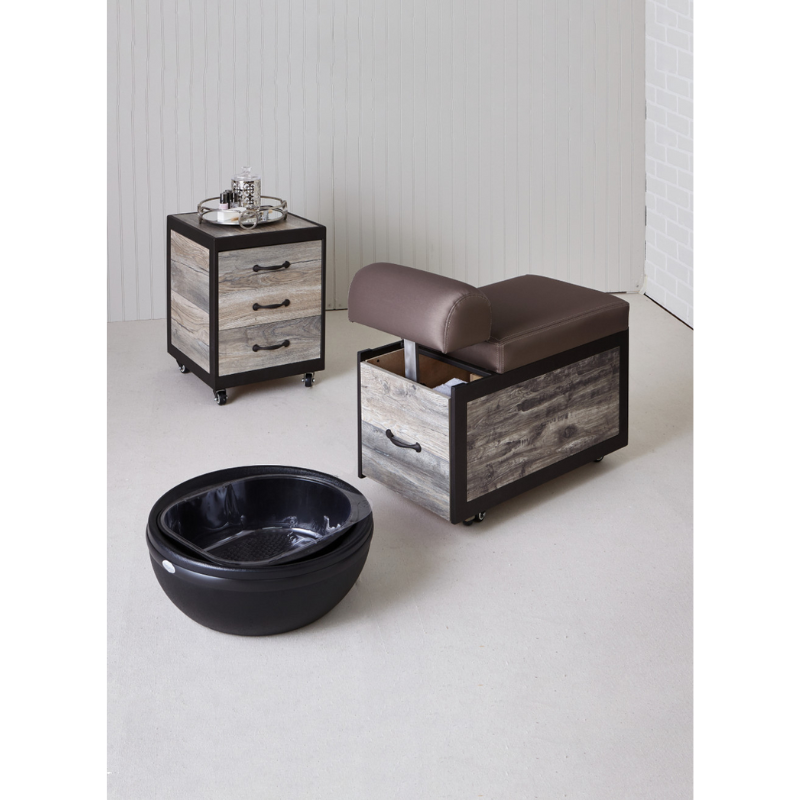 Belava Elora Pedicure Dolly / Portable Pedicure Cart with Adjustable Foot Rest in Brown Color and Modern Wood Design With Drawer for Storage with Salon Cart and Black Foot Spa Display