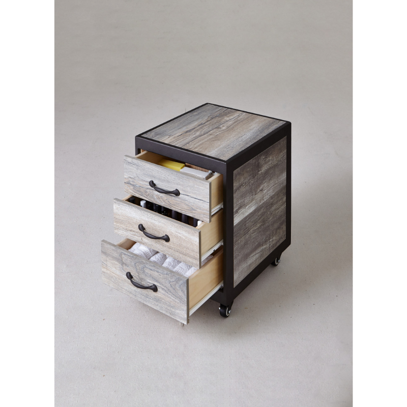 Belava Elora Pedicure Supply Cart With 3 Drawers For Storage Modern Rustic Wood Design With Black Borders Filled Drawers With Salon Towels and Supplies