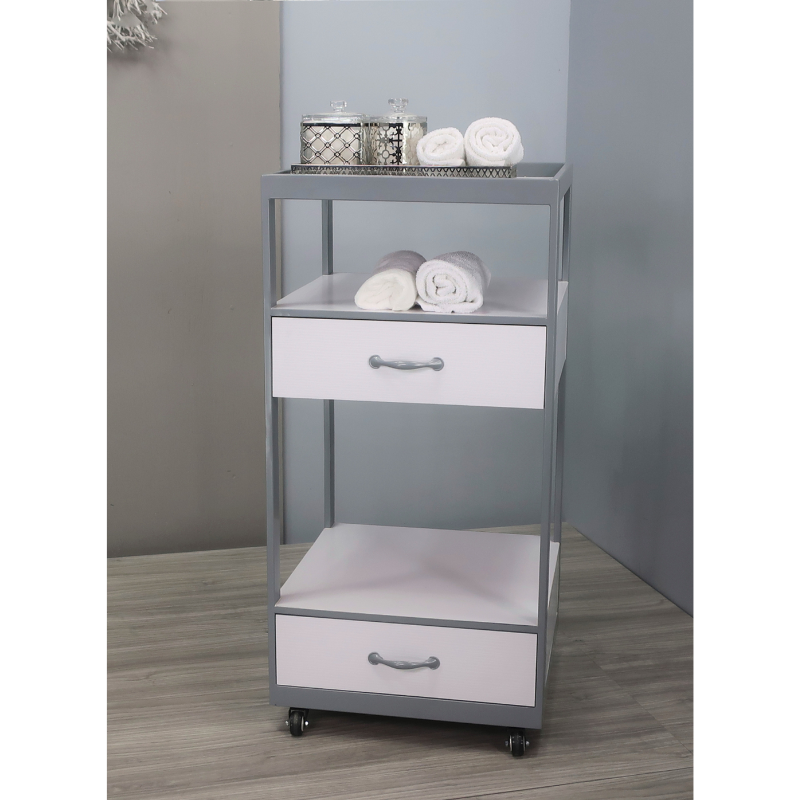 Belava Elora Salon Cart With Drawers for Storage Modern Style Wood Design in Gray and White Color Holding Towels