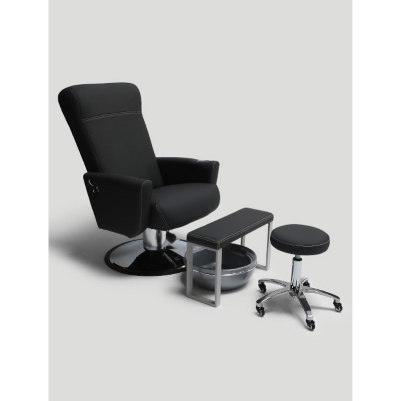 Belava Essence Multi Service Chair Modern Salon Chair In Black With Pedicure Bowl, Balance Foot Rest and Technician stool