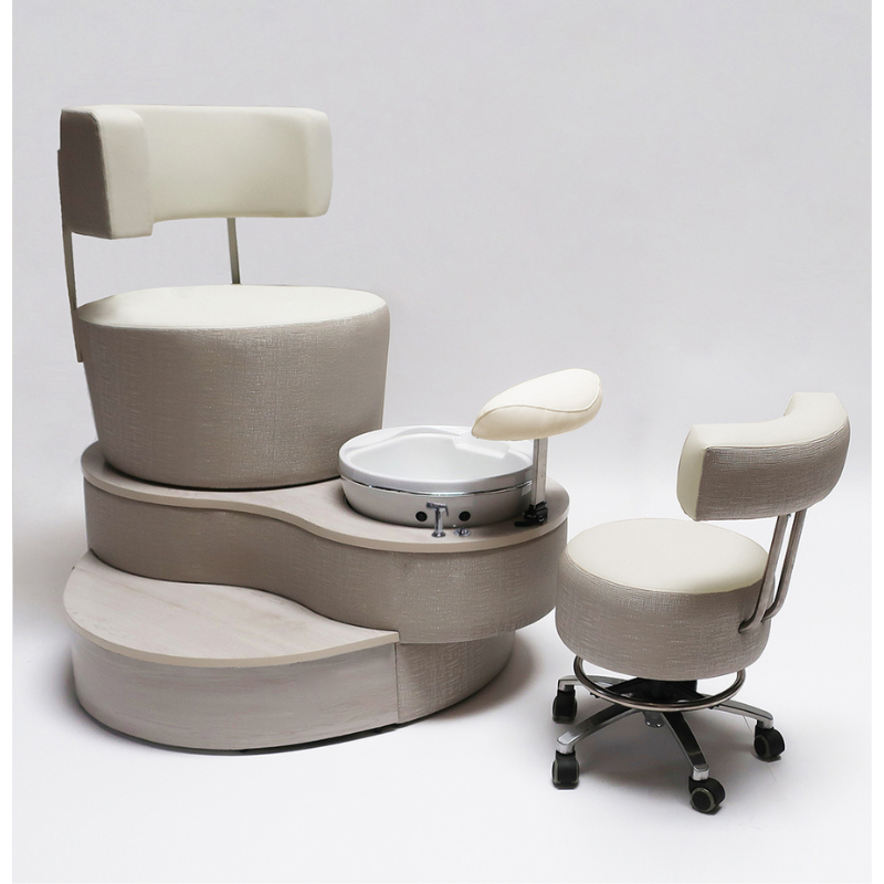 Belava Luna Pedicure Chair With/Without Plumbing Beige and Creme Color With White Trio Spa With Technician Stool Chair