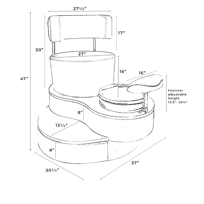 Belava Luna Pedicure Chair With/Without Plumbing Diagram Measurements Specification Sheet