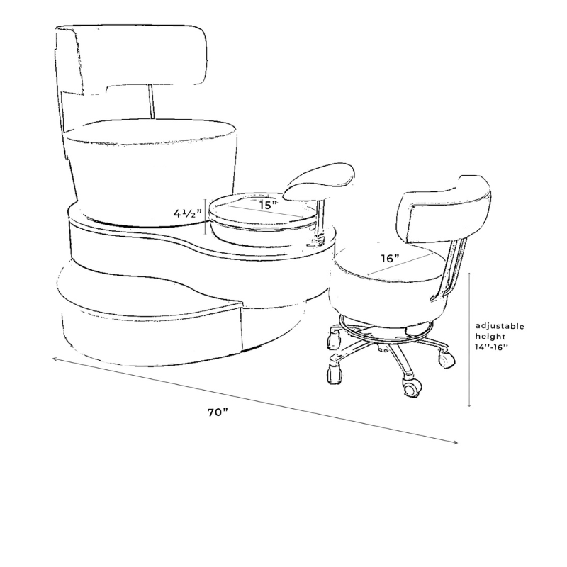 Belava Luna Pedicure Chair With/Without Plumbing Trio Foot Spa and Technician Stool Diagram Measurements Specification Sheet