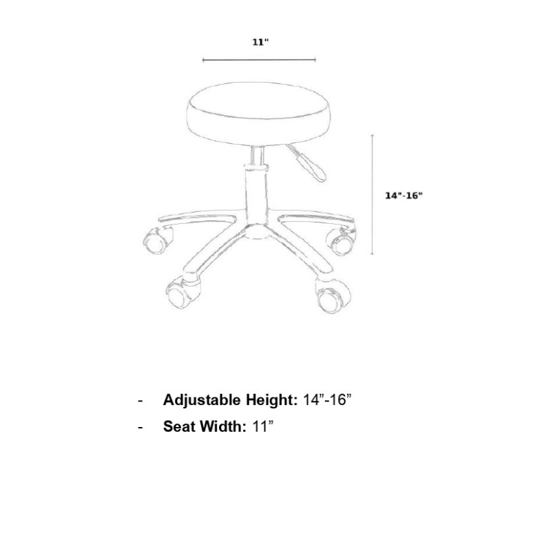 Belava Nail Tech Basic Stool Dimensions Diagram Specification Measurements 14 inch, 15, inch, 16 inch height, 11 inch width