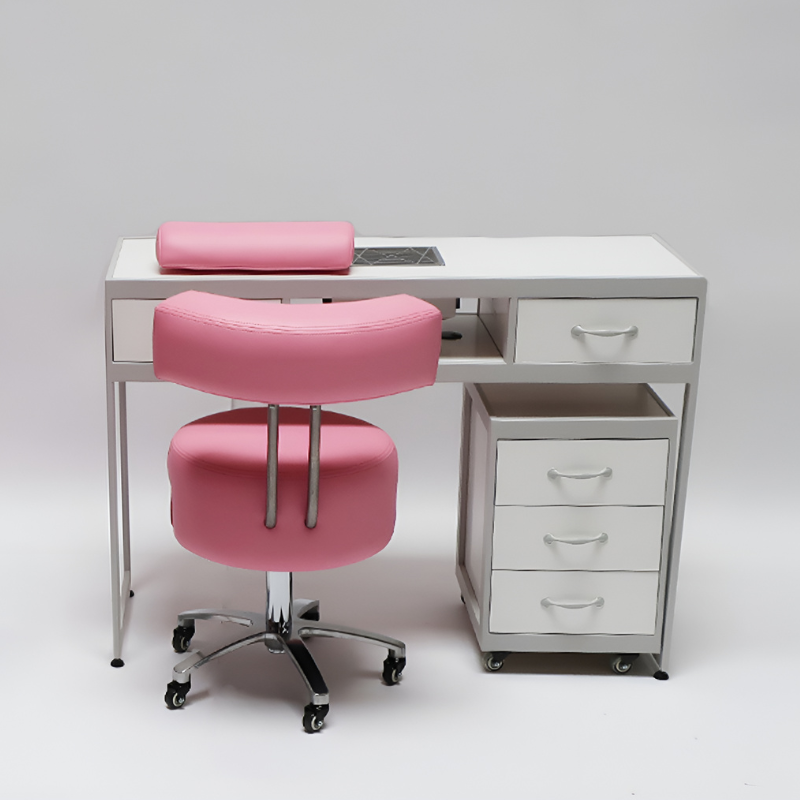 Belava Salon Nail Tech Stool Performer with Low, Medium, or High Pump Adjustable Height In Pink With Elora Manicure table and Pedicure Cart Display