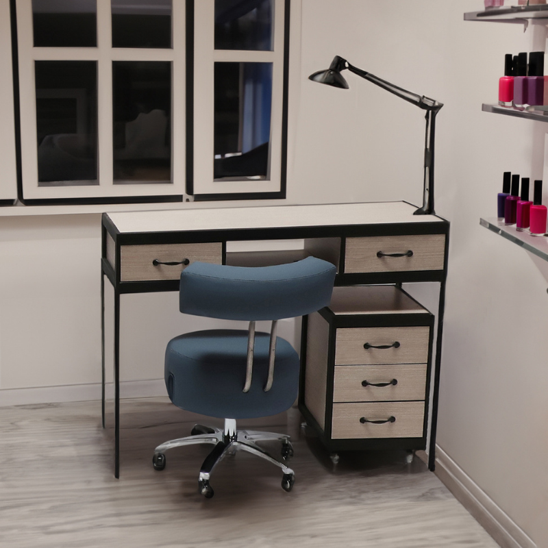 Belava Salon Nail Tech Stool Performer with Low, Medium, or High Pump Adjustable Height in Cadet Blue With Manicure Table Display