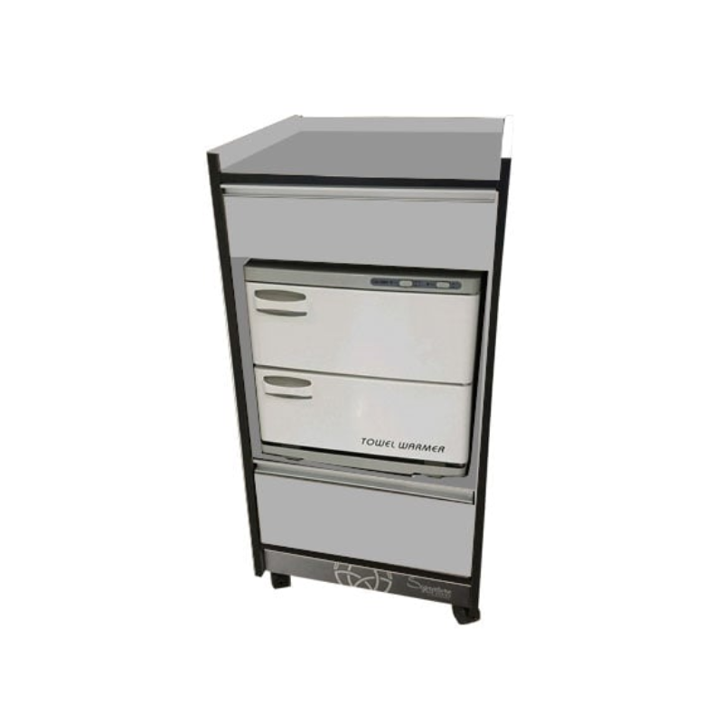 Custom_Craftworks_T200_Trolley_Cart_in_Gray, Salon Cart, Open Storage for Towel Warmer, Two Drawers, Light Gray Laminate 