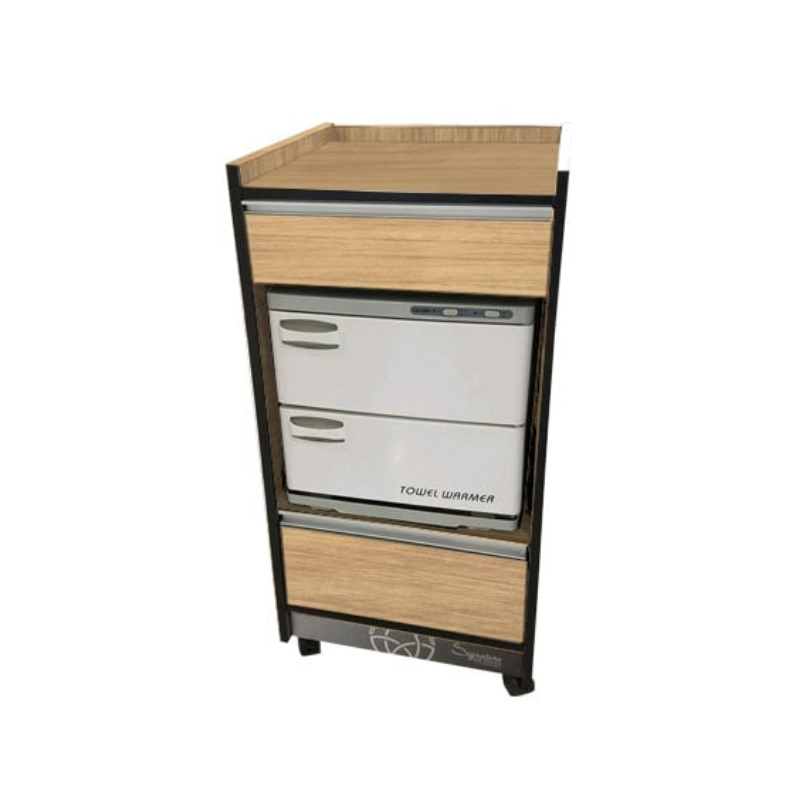 Custom_Craftworks_T200_Trolley_Cart_in_Maple Light Wood Color, Salon Cart, Open Storage for Towel Warmer, Two Drawers, Available in Laminate