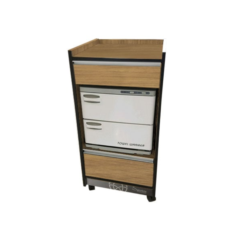 Custom_Craftworks_T200_Trolley_Cart_in_Oak Wood Color, Salon Cart, Open Storage for Towel Warmer, Two Drawers, Available in Laminate