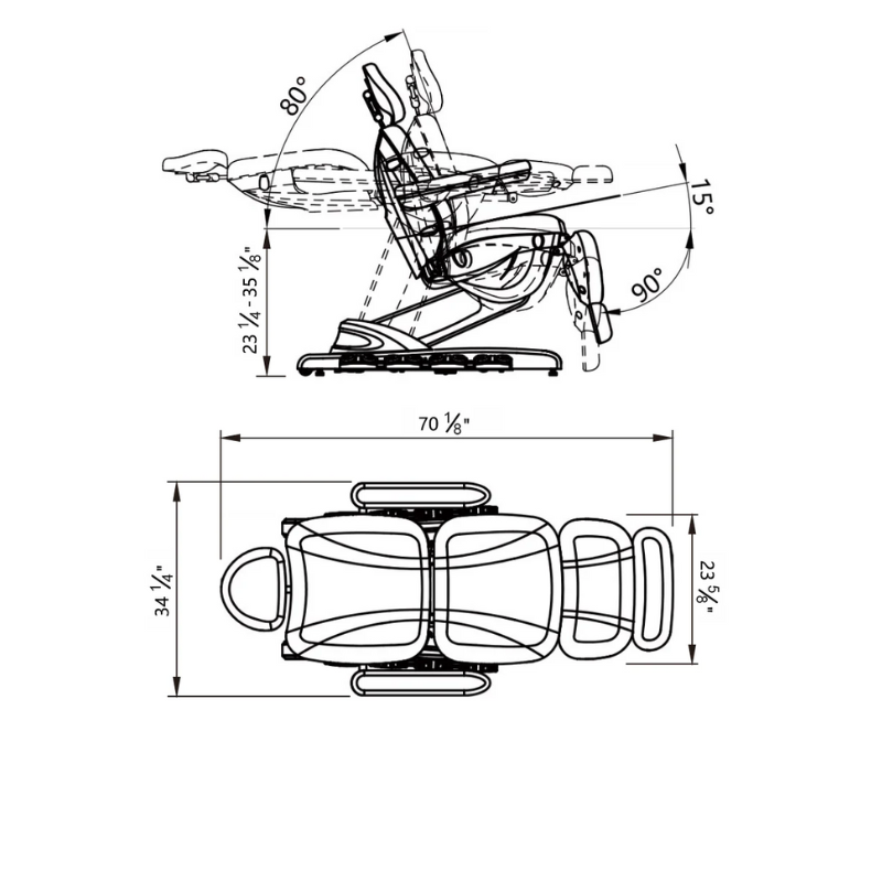 DIR Apollo 4-Motors Thermo Heated Med Spa Treatment Chair Bed Table Dimension Measurements Diagram