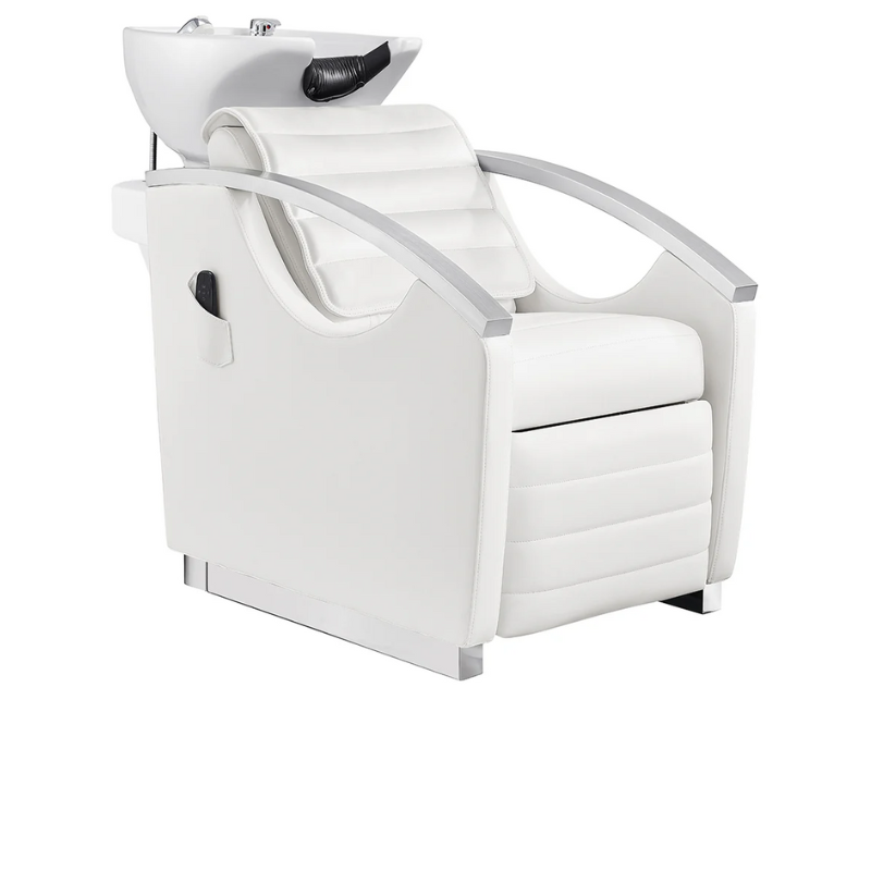DIR Bella V Recline Massage Salon Shampoo Station in White with White Shampoo Bowl