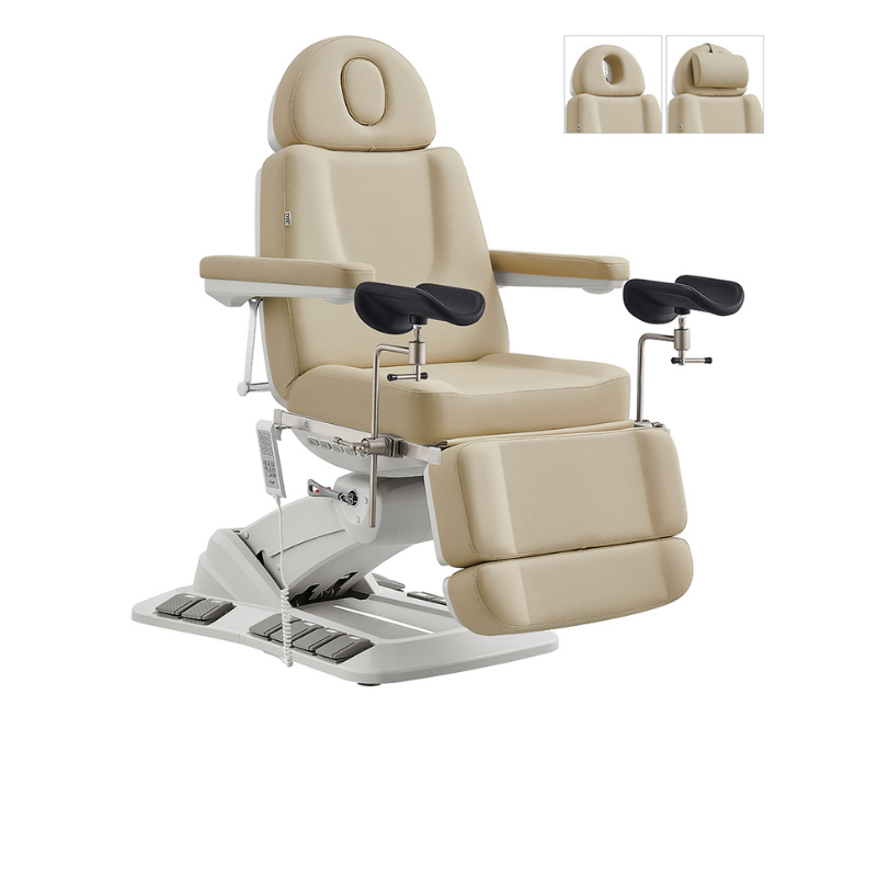 DIR Geneva Exam Chair Table Bed with stirrups OB GYN Gynecology in Beige Front View