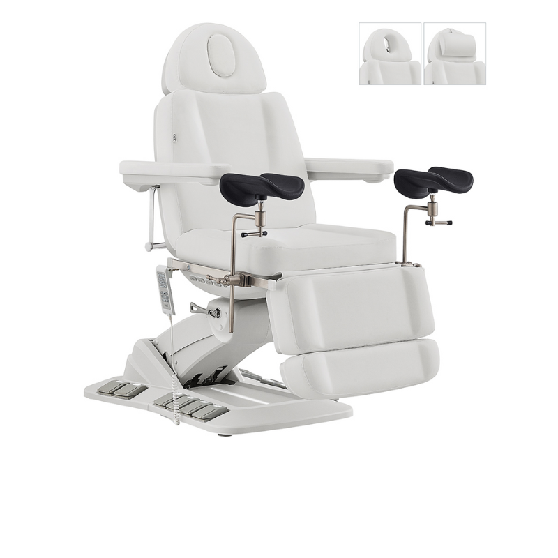 DIR Geneva Exam Chair Table Bed with stirrups OB GYN Gynecology in White Front View