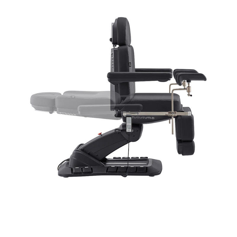 DIR Geneva Exam Chair Table with stirrups OB GYN Gynecology in Black full side reclined view into bed table
