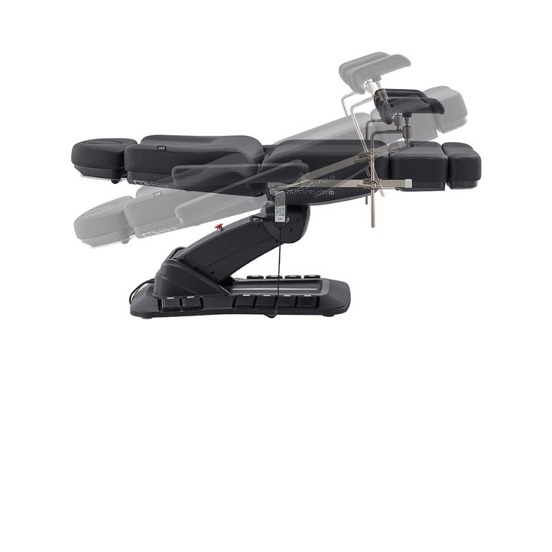 DIR Geneva Exam Chair Table with stirrups OB GYN Gynecology in Black reclined view