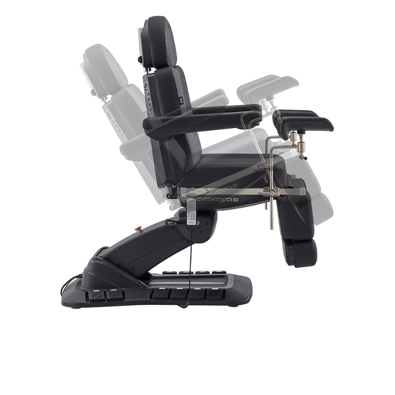 DIR Geneva Exam Chair Table with stirrups OB GYN Gynecology in Black side reclined view