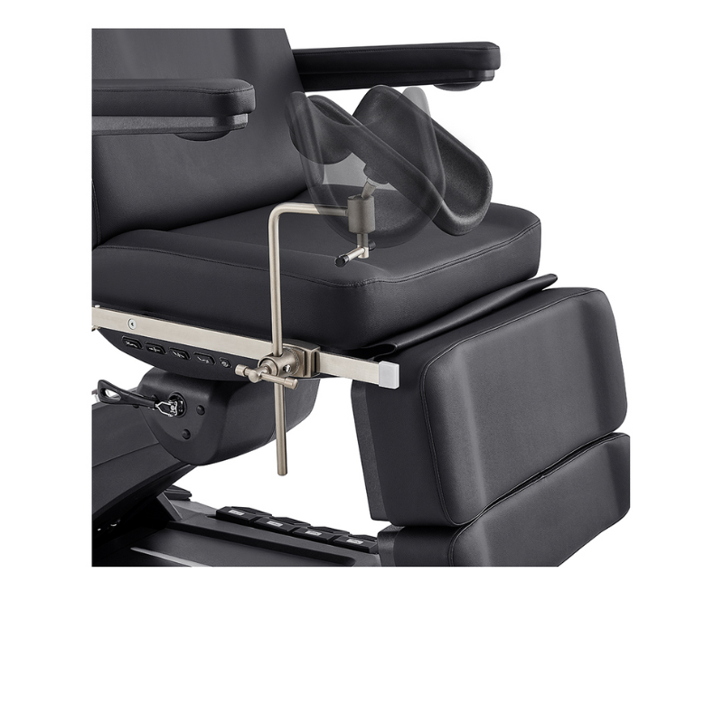 DIR Geneva Exam Chair Table with stirrups OB GYN Gynecology in Black stirrups close up