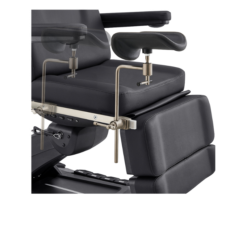 DIR Geneva Exam Chair Table with stirrups OB GYN Gynecology in Black stirrups close up adjustable