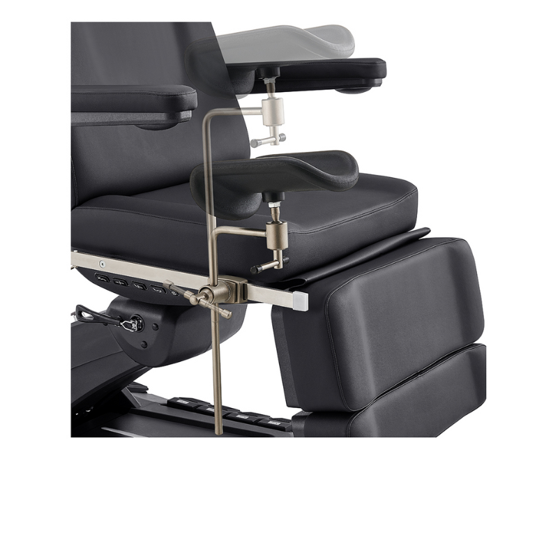 DIR Geneva Exam Chair Table with stirrups OB GYN Gynecology in Black stirrups close up adjustable height