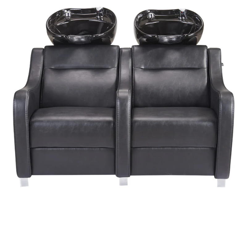 DIR Majestic Double Seats Shampoo Chair in Black with Black Shampoo Bowls Front View