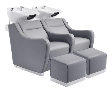 DIR Majestic Double Seats Shampoo Chair in Gray with White Shampoo Bowl