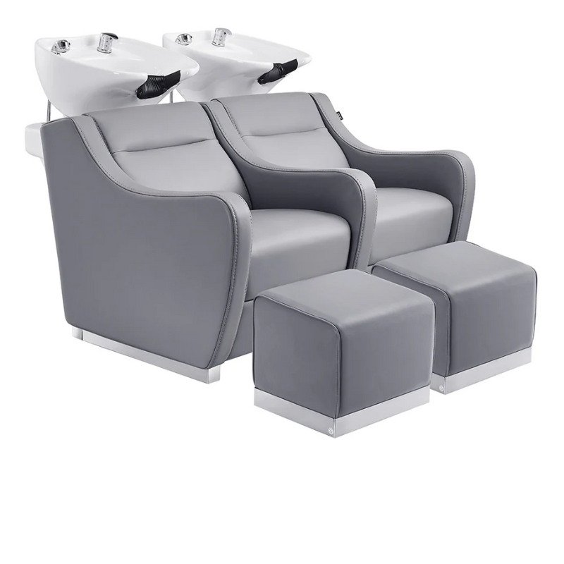 DIR Majestic Double Seats Shampoo Chair in Gray with White Shampoo Bowl