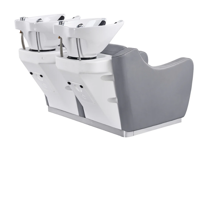 DIR Majestic Double Seats Shampoo Chair in Gray with White Shampoo Bowls Back View