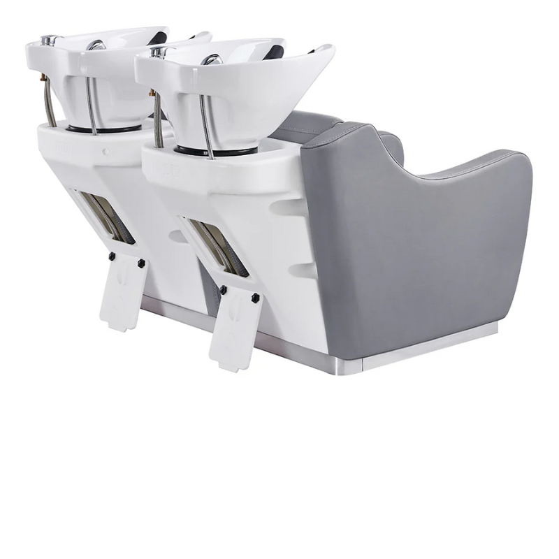 DIR Majestic Double Seats Shampoo Chair in Gray with White Shampoo Bowls Back View Steel Support