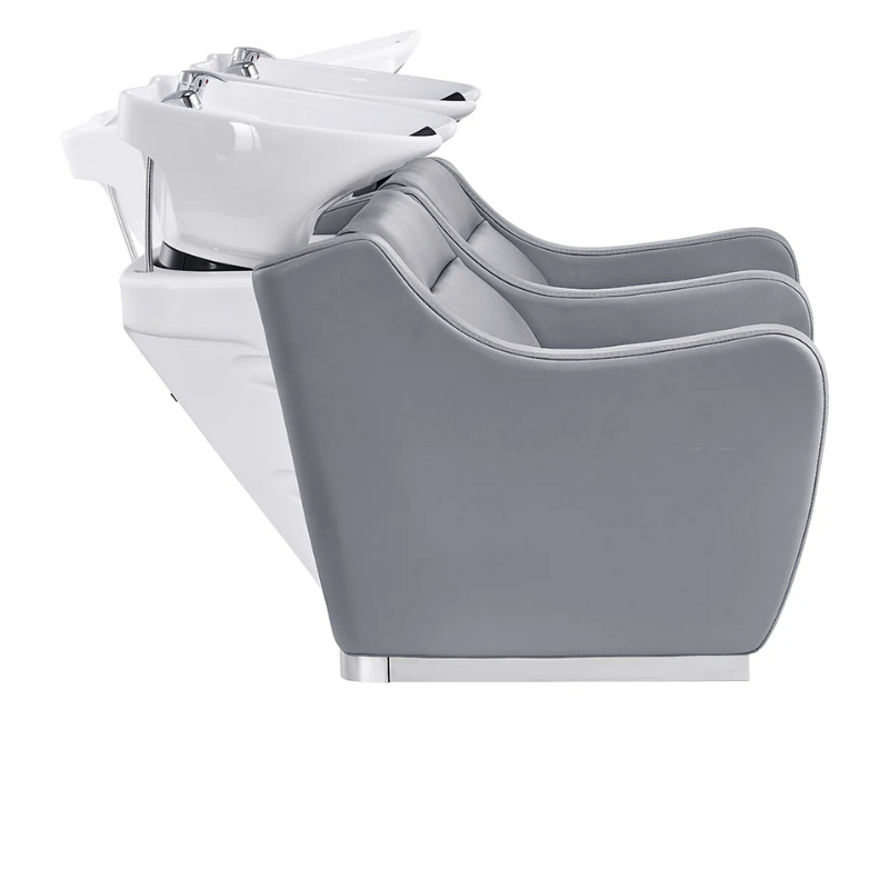 DIR Majestic Double Seats Shampoo Chair in Gray with White Shampoo Bowls Side View