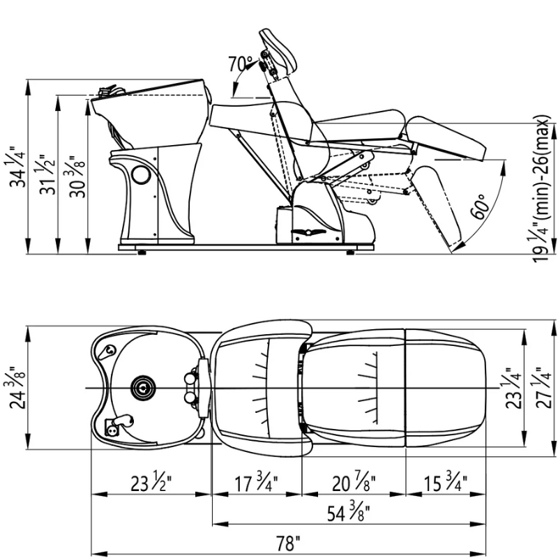 DIR Maximus Spa Salon Reclining Shampoo Bed Dimensions Diagram and Measurements 