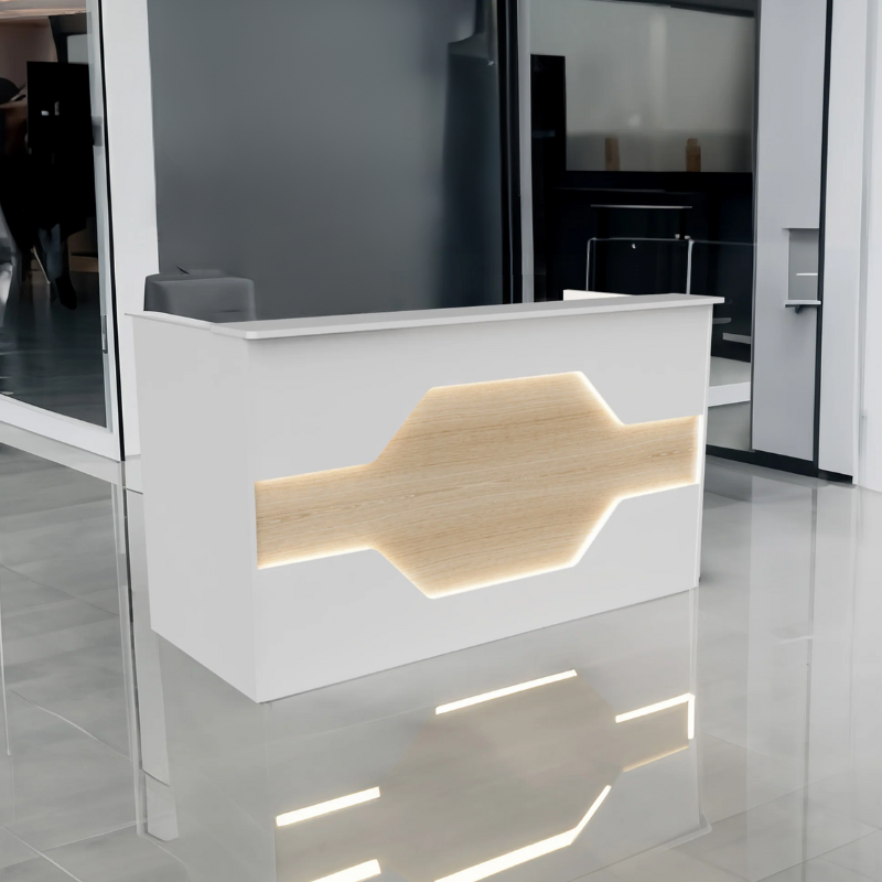 Reception Counter Solution Los Angeles Reception Desk With/Or Without LED Lights in White and Maple Light Wood Color Modern Geometric Style