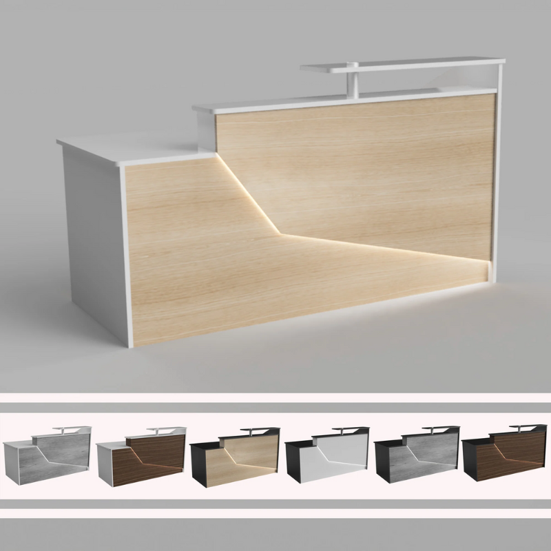 Reception Counter Solutions California Reception Desk with Led Lights Front View Color Variations and Options Modern Rectangle Geometric Style 6 Feet Wide