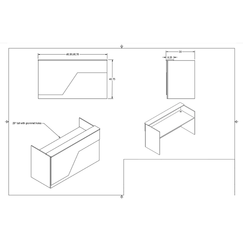 Reception Counter Solutions Ambiance Arc Reception L Shape Desk Diagram Dimensions Specifications Sheet Measurements 4ft 5ft 6ft or 7ft Wide