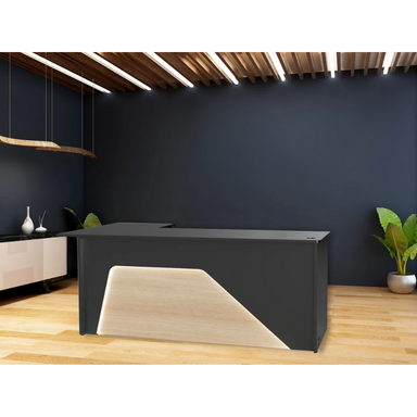 Reception Counter Solutions Ambiance Arc Reception L Shape Desk with Led Lights Front View in Black and Maple Color Modern Geometric Style 4ft 5ft 6ft or 7ft Wide