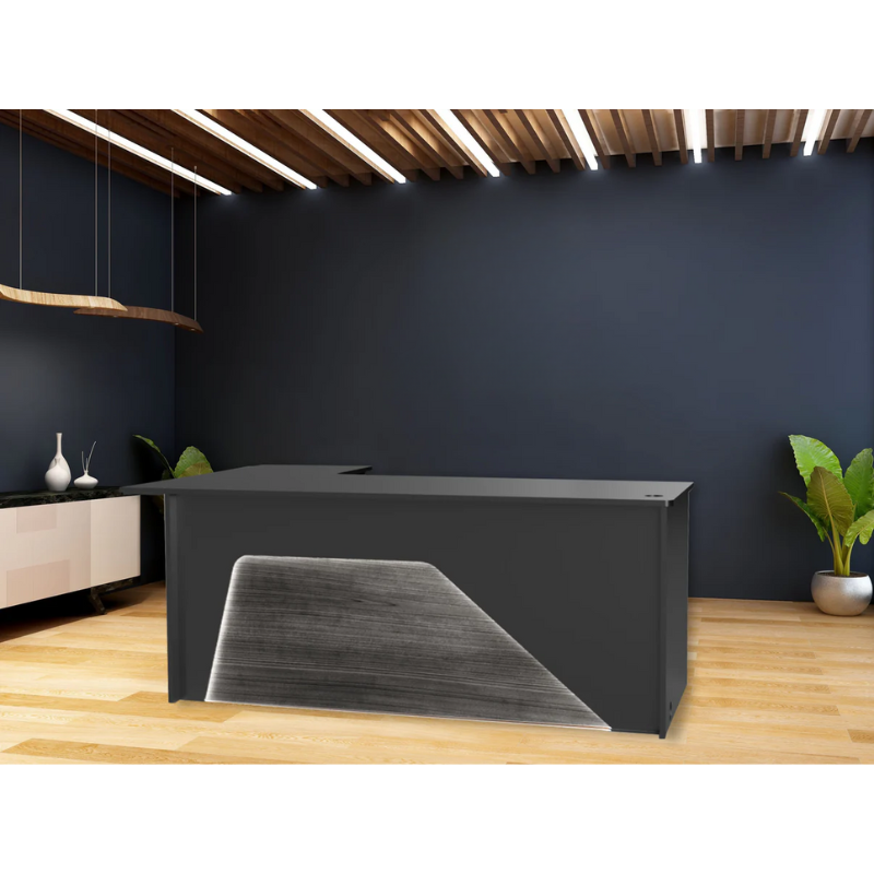Reception Counter Solutions Ambiance Arc Reception L Shape Desk with Led Lights Front View in Black and Gray Wood Modern Geometric Style 4ft 5ft 6ft or 7ft Wide