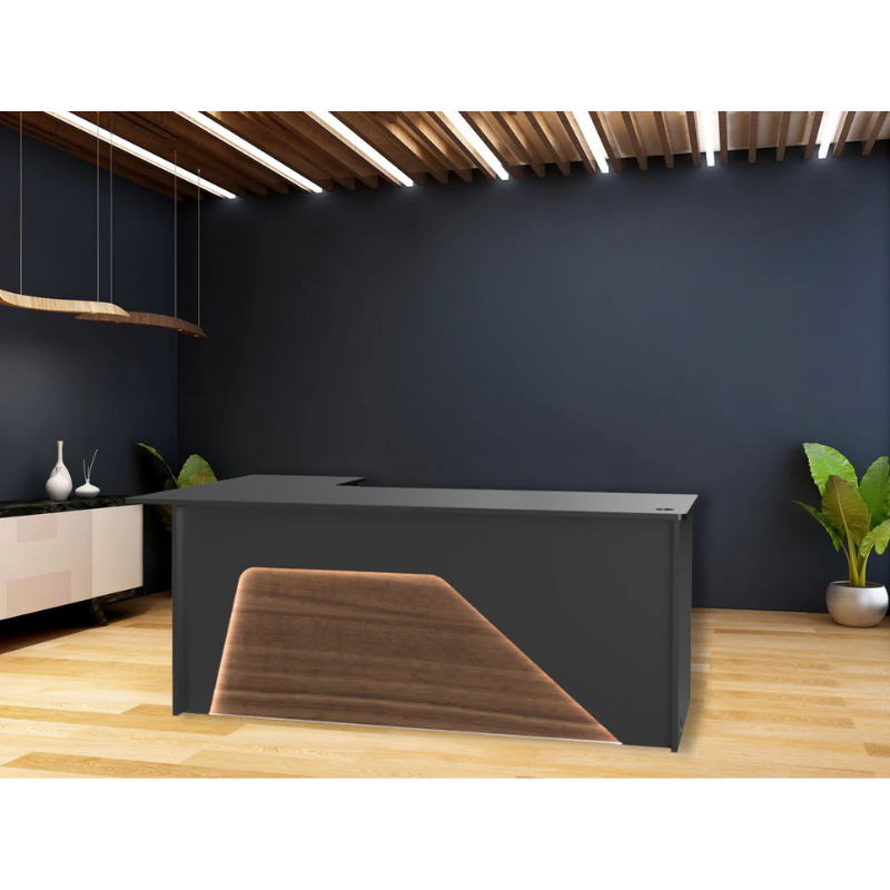 Reception Counter Solutions Ambiance Arc Reception L Shape Desk with Led Lights Front View in Black and Walnut Color Dark Brown Wood Modern Geometric Style 4ft 5ft 6ft or 7ft Wide