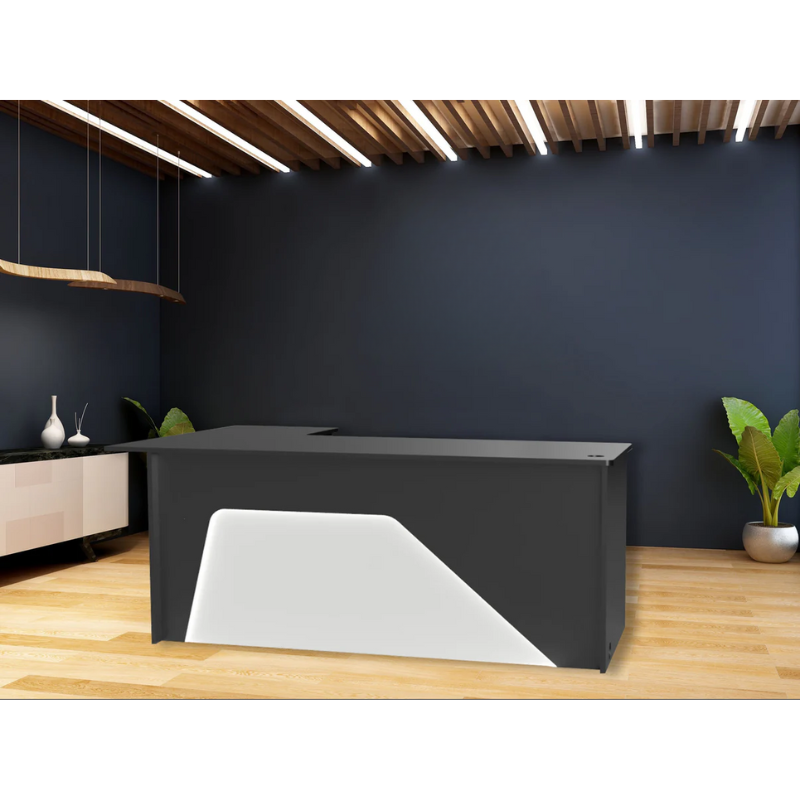 Reception Counter Solutions Ambiance Arc Reception L Shape Desk with Led Lights Front View in Black and White Modern Geometric Style 4ft 5ft 6ft or 7ft Wide